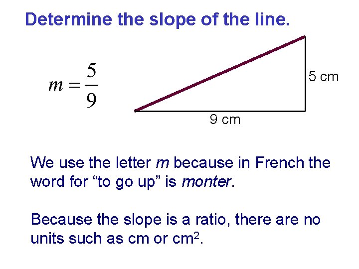 Determine the slope of the line. 5 cm 9 cm We use the letter