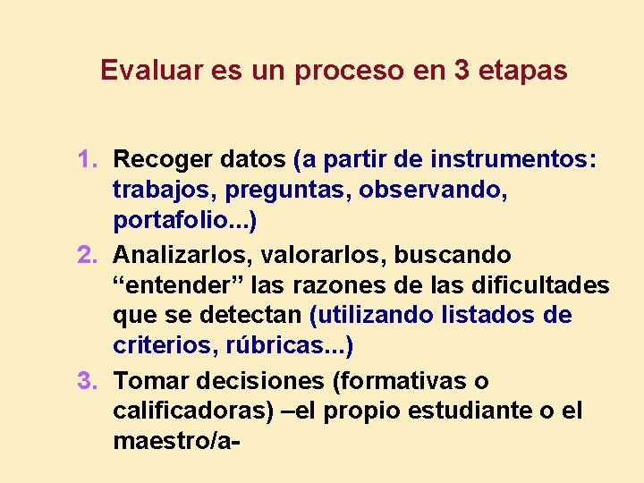 Evaluar es un proceso en 3 etapas 1. Recoger datos (a partir de instrumentos: