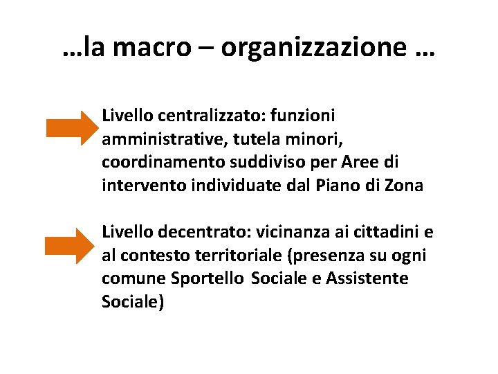 …la macro – organizzazione … Livello centralizzato: funzioni amministrative, tutela minori, coordinamento suddiviso per