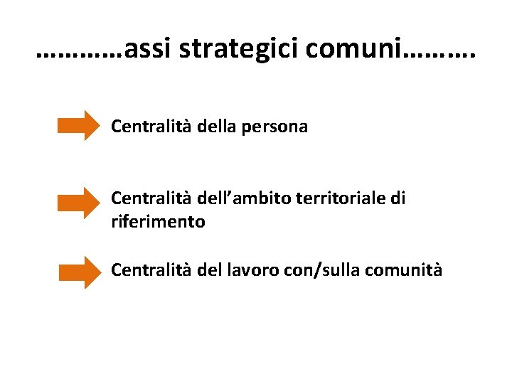 …………assi strategici comuni………. Centralità della persona Centralità dell’ambito territoriale di riferimento Centralità del lavoro