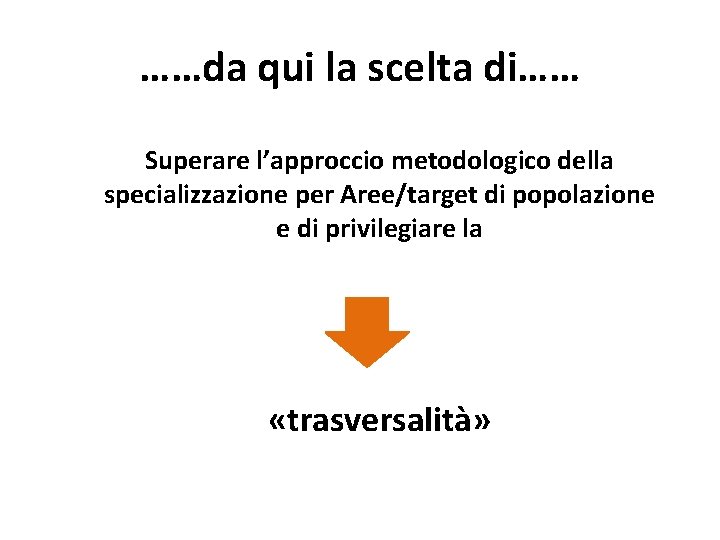 ……da qui la scelta di…… Superare l’approccio metodologico della specializzazione per Aree/target di popolazione