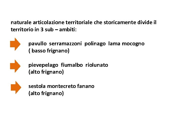 naturale articolazione territoriale che storicamente divide il territorio in 3 sub – ambiti: pavullo