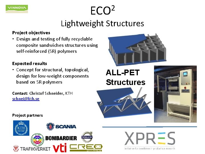 ECO 2 Lightweight Structures Project objectives • Design and testing of fully recyclable composite