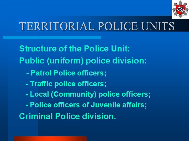 TERRITORIAL POLICE UNITS Structure of the Police Unit: Public (uniform) police division: - Patrol