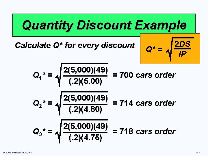 Quantity Discount Example Calculate Q* for every discount © 2006 Prentice Hall, Inc. Q*