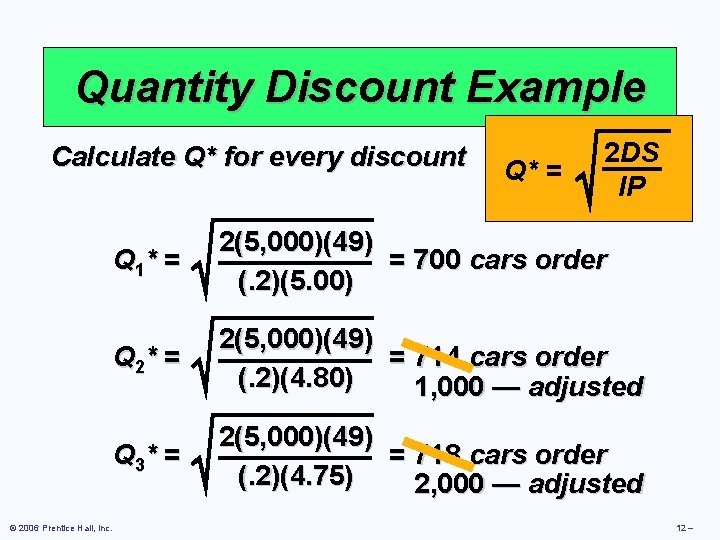 Quantity Discount Example Calculate Q* for every discount © 2006 Prentice Hall, Inc. Q*