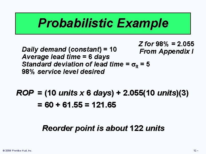 Probabilistic Example Z for 98% = 2. 055 From Appendix I Daily demand (constant)