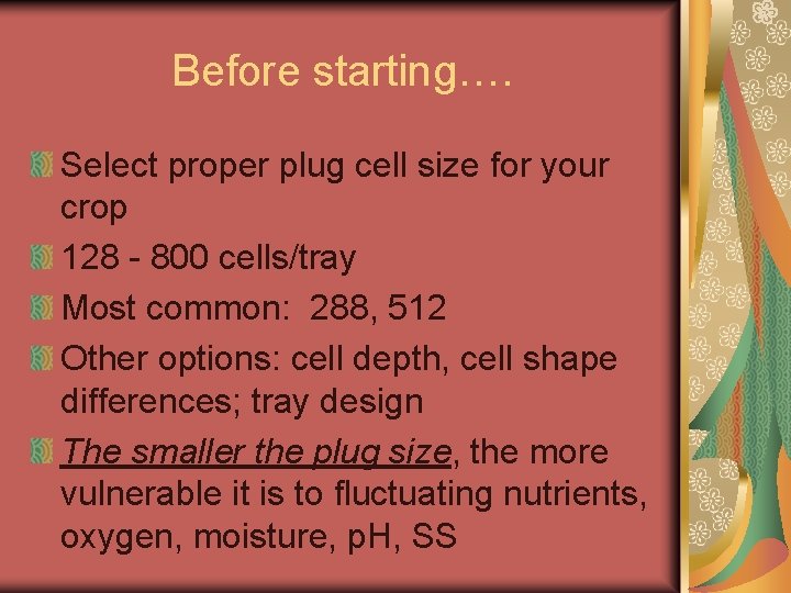 Before starting…. Select proper plug cell size for your crop 128 - 800 cells/tray