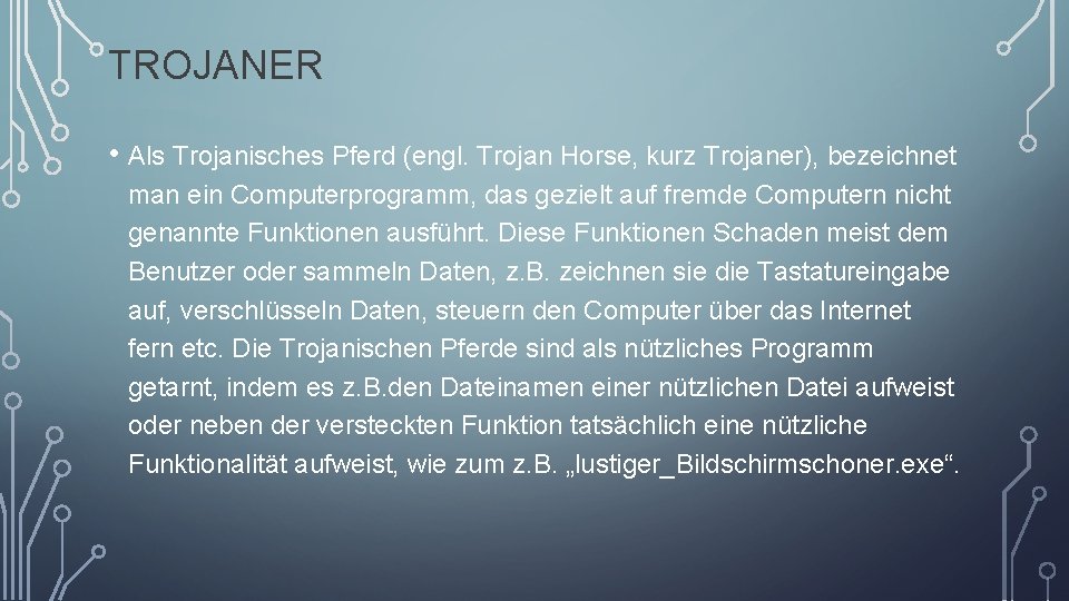 TROJANER • Als Trojanisches Pferd (engl. Trojan Horse, kurz Trojaner), bezeichnet man ein Computerprogramm,