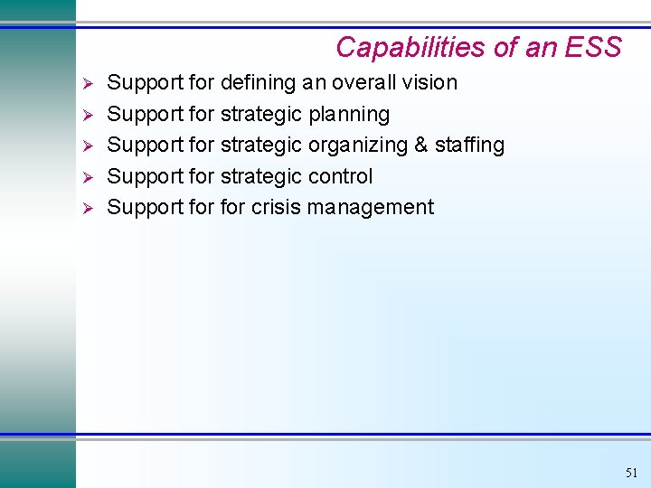 Capabilities of an ESS Ø Ø Ø Support for defining an overall vision Support