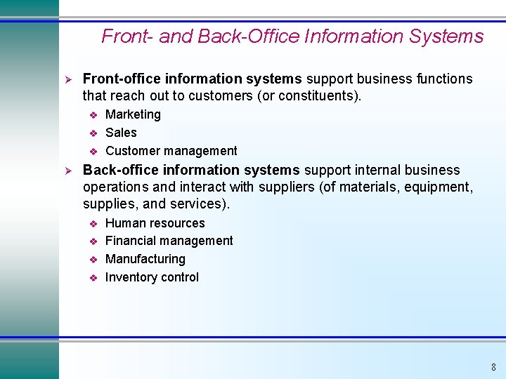 Front- and Back-Office Information Systems Ø Front-office information systems support business functions that reach