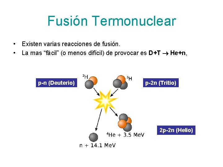 Fusión Termonuclear • Existen varias reacciones de fusión. • La mas “fácil” (o menos