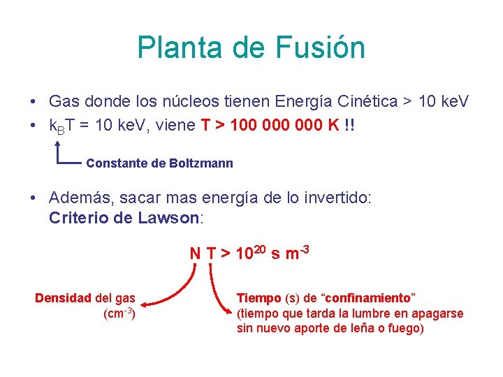 Planta de Fusión • Gas donde los núcleos tienen Energía Cinética > 10 ke.