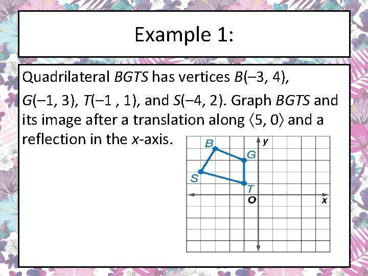 Example 1: Quadrilateral BGTS has vertices B(– 3, 4), G(– 1, 3), T(– 1