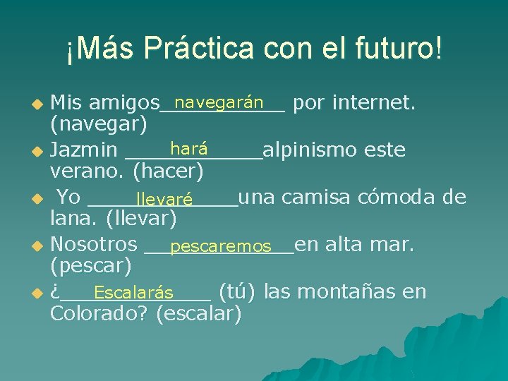 ¡Más Práctica con el futuro! navegarán Mis amigos_____ por internet. (navegar) hará u Jazmin