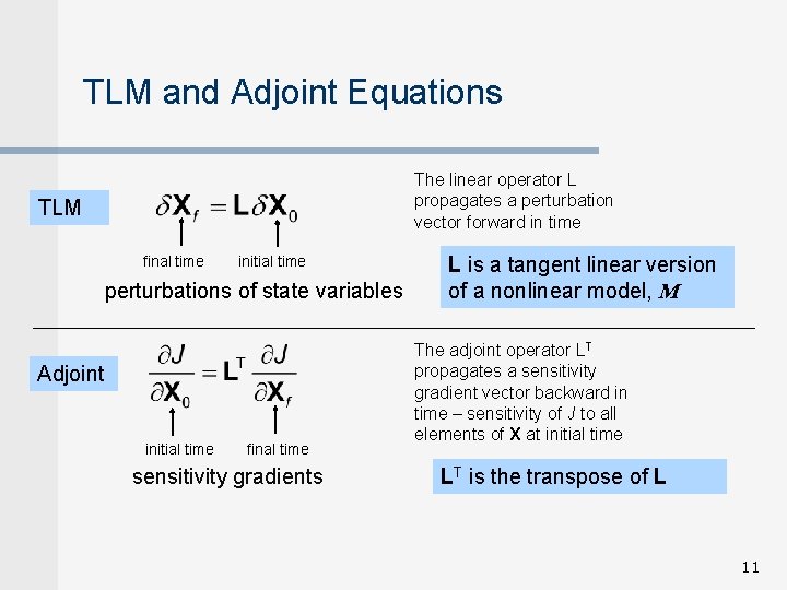 TLM and Adjoint Equations The linear operator L propagates a perturbation vector forward in