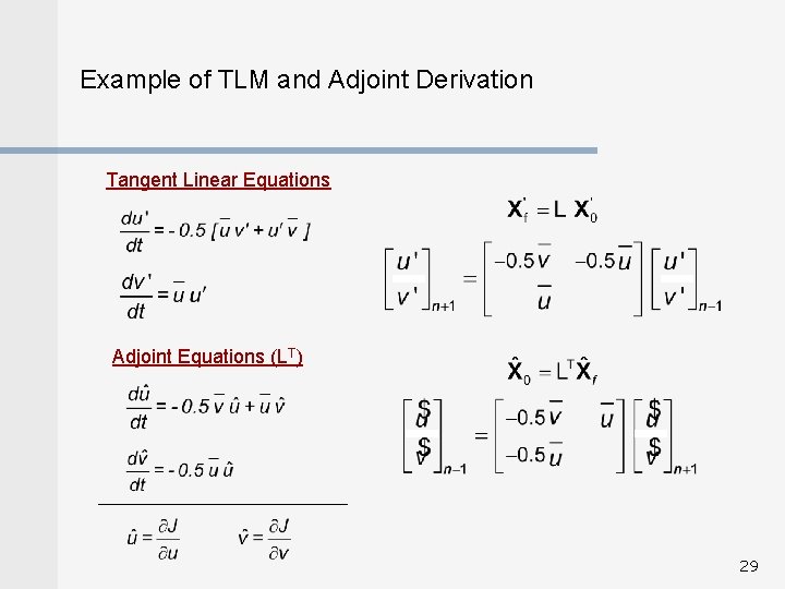 Example of TLM and Adjoint Derivation Tangent Linear Equations Adjoint Equations (LT) 29 