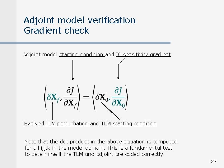 Adjoint model verification Gradient check Adjoint model starting condition and IC sensitivity gradient Evolved