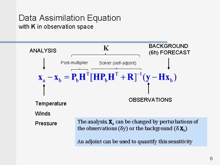 Data Assimilation Equation with K in observation space BACKGROUND (6 h) FORECAST K ANALYSIS