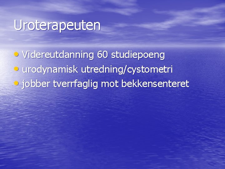 Uroterapeuten • Videreutdanning 60 studiepoeng • urodynamisk utredning/cystometri • jobber tverrfaglig mot bekkensenteret Uroterapeuten • Videreutdanning 60 studiepoeng • urodynamisk utredning/cystometri • jobber tverrfaglig mot bekkensenteret