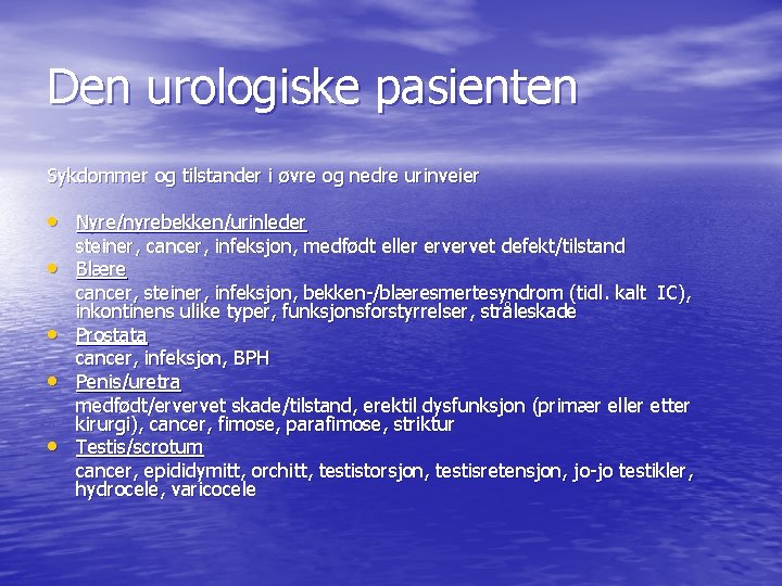 Den urologiske pasienten Sykdommer og tilstander i øvre og nedre urinveier • Nyre/nyrebekken/urinleder • Den urologiske pasienten Sykdommer og tilstander i øvre og nedre urinveier • Nyre/nyrebekken/urinleder •