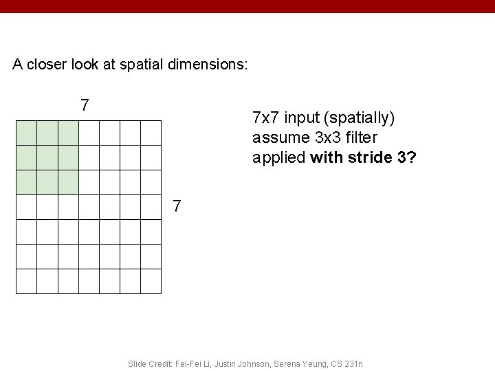 A closer look at spatial dimensions: 7 7 x 7 input (spatially) assume 3