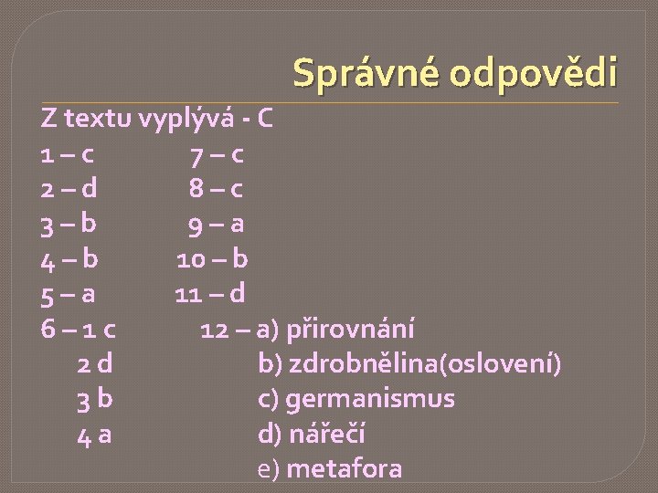 Správné odpovědi Z textu vyplývá - C 1–c 7–c 2–d 8–c 3–b 9–a 4–b