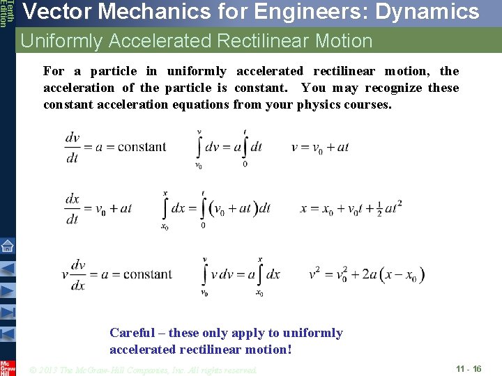 Tenth Edition Vector Mechanics for Engineers: Dynamics Uniformly Accelerated Rectilinear Motion For a particle Tenth Edition Vector Mechanics for Engineers: Dynamics Uniformly Accelerated Rectilinear Motion For a particle