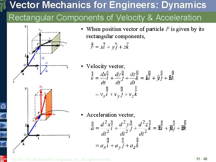 Tenth Edition Vector Mechanics for Engineers: Dynamics Rectangular Components of Velocity & Acceleration • Tenth Edition Vector Mechanics for Engineers: Dynamics Rectangular Components of Velocity & Acceleration •