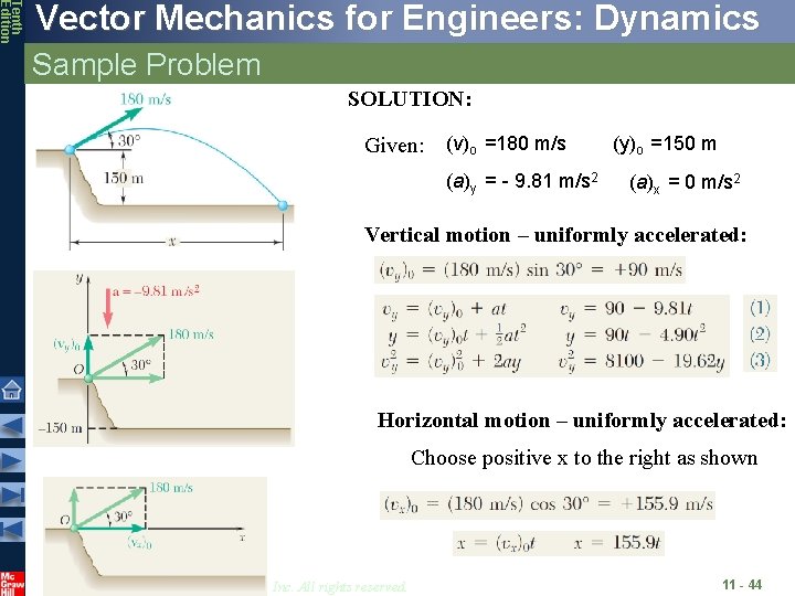 Tenth Edition Vector Mechanics for Engineers: Dynamics Sample Problem SOLUTION: Given: (v)o =180 m/s Tenth Edition Vector Mechanics for Engineers: Dynamics Sample Problem SOLUTION: Given: (v)o =180 m/s