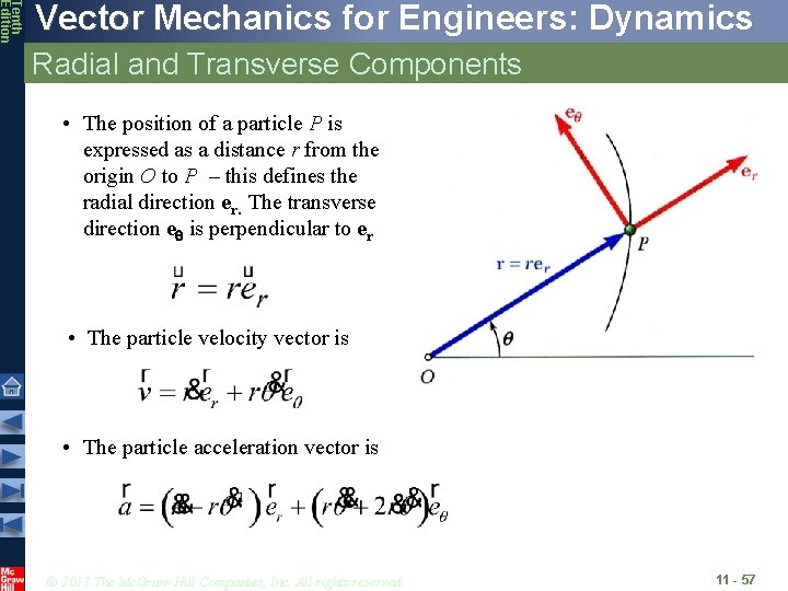 Tenth Edition Vector Mechanics for Engineers: Dynamics Radial and Transverse Components • The position Tenth Edition Vector Mechanics for Engineers: Dynamics Radial and Transverse Components • The position