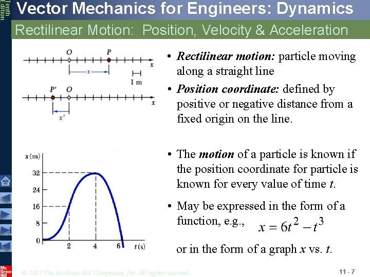 Tenth Edition Vector Mechanics for Engineers: Dynamics Rectilinear Motion: Position, Velocity & Acceleration • Tenth Edition Vector Mechanics for Engineers: Dynamics Rectilinear Motion: Position, Velocity & Acceleration •