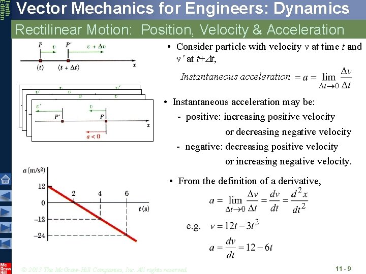 Tenth Edition Vector Mechanics for Engineers: Dynamics Rectilinear Motion: Position, Velocity & Acceleration • Tenth Edition Vector Mechanics for Engineers: Dynamics Rectilinear Motion: Position, Velocity & Acceleration •