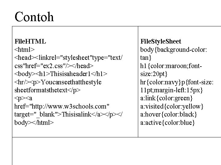 Contoh File. HTML <html> <head><linkrel="stylesheet"type="text/ css"href="ex 2. css"/></head> <body><h 1>Thisisaheader 1</h 1> <hr/><p>Youcanseethatthestyle sheetformatsthetext</p>