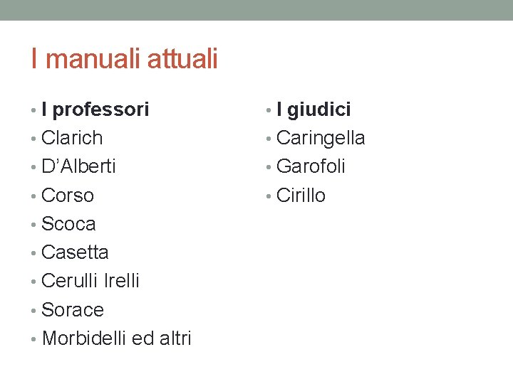 I manuali attuali • I professori • I giudici • Clarich • Caringella •