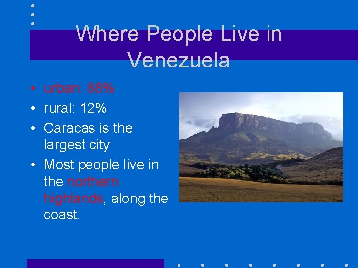 Where People Live in Venezuela • urban: 88% • rural: 12% • Caracas is