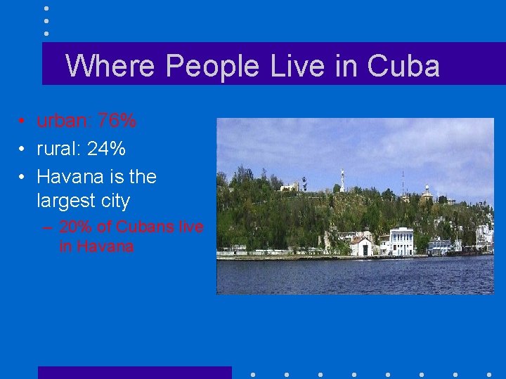 Where People Live in Cuba • urban: 76% • rural: 24% • Havana is
