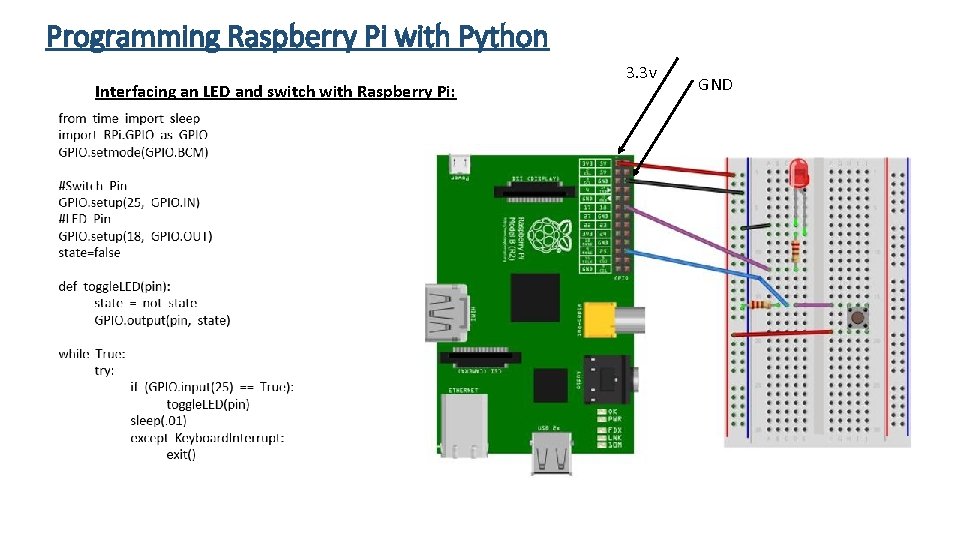 Programming Raspberry Pi with Python Interfacing an LED and switch with Raspberry Pi: 3.