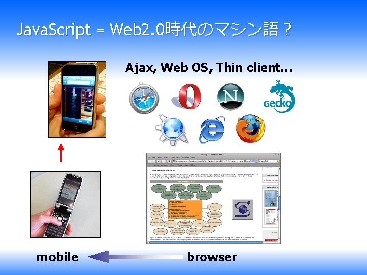 Java. Script = Web 2. 0時代のマシン語？ Ajax, Web OS, Thin client… mobile browser 