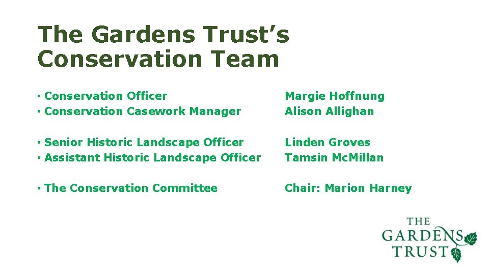 The Gardens Trust’s Conservation Team • Conservation Officer • Conservation Casework Manager Margie Hoffnung The Gardens Trust’s Conservation Team • Conservation Officer • Conservation Casework Manager Margie Hoffnung
