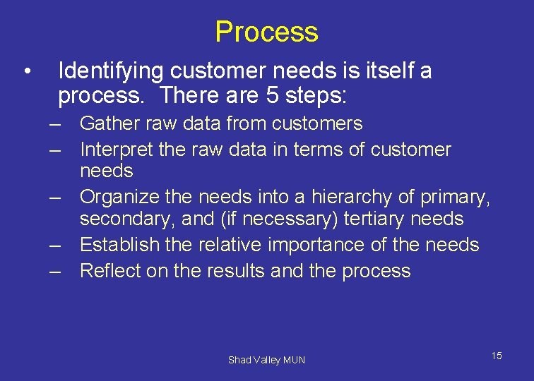 Process • Identifying customer needs is itself a process. There are 5 steps: –