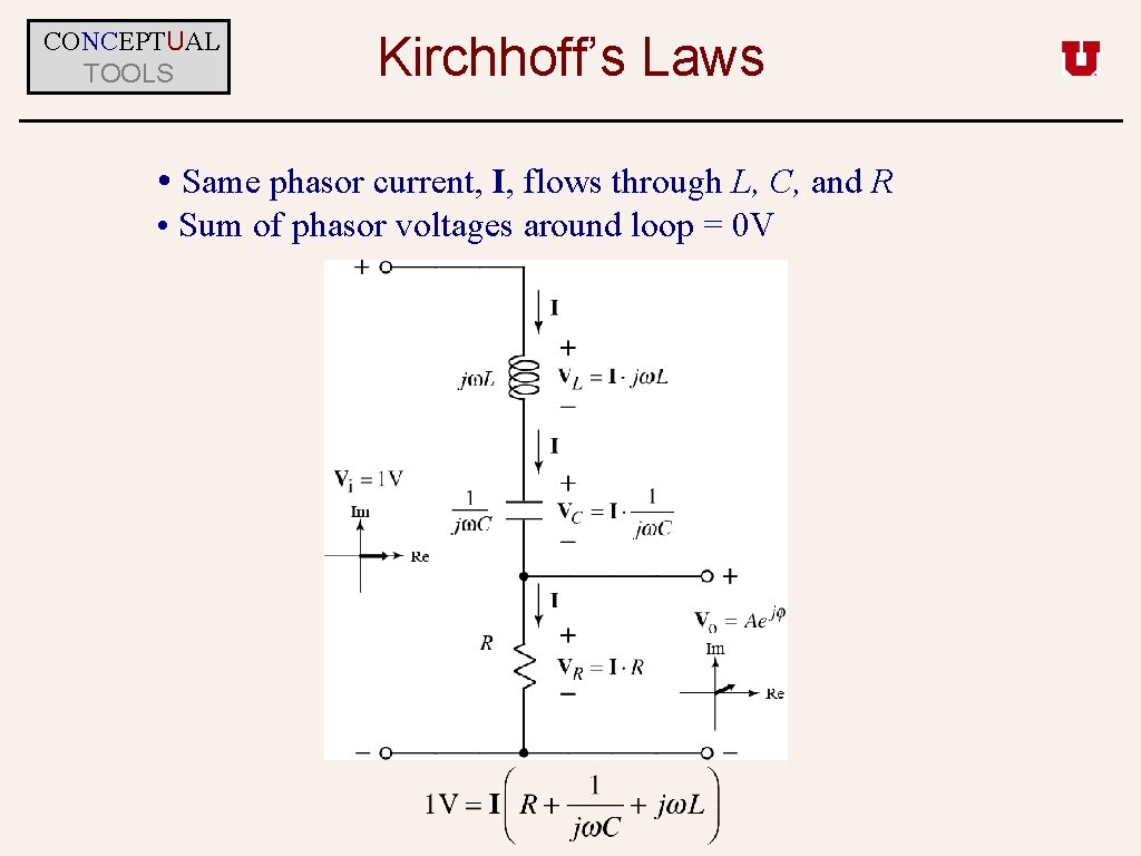 CONCEPTUAL TOOLS Kirchhoff’s Laws • Same phasor current, I, flows through L, C, and