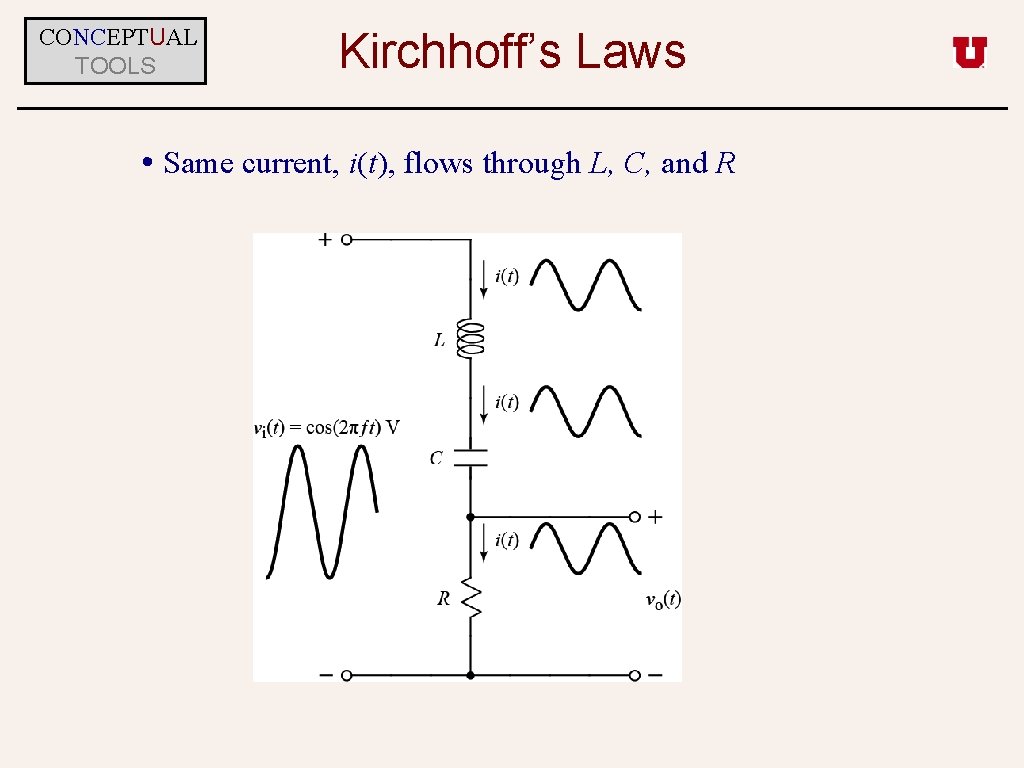 CONCEPTUAL TOOLS Kirchhoff’s Laws • Same current, i(t), flows through L, C, and R