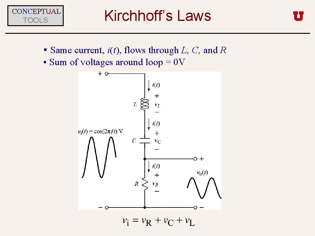 CONCEPTUAL TOOLS Kirchhoff’s Laws • Same current, i(t), flows through L, C, and R