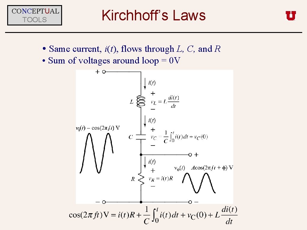 CONCEPTUAL TOOLS Kirchhoff’s Laws • Same current, i(t), flows through L, C, and R