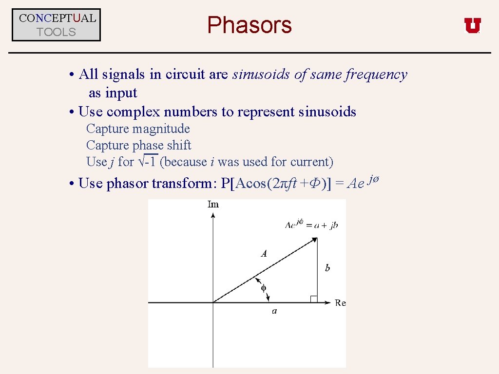 CONCEPTUAL TOOLS Phasors • All signals in circuit are sinusoids of same frequency as