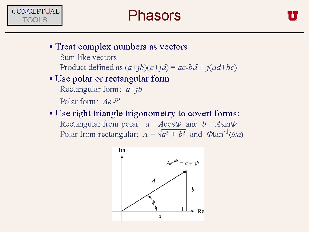 CONCEPTUAL TOOLS Phasors • Treat complex numbers as vectors Sum like vectors Product defined