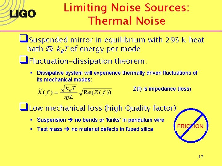 Limiting Noise Sources: Thermal Noise q. Suspended mirror in equilibrium with 293 K heat