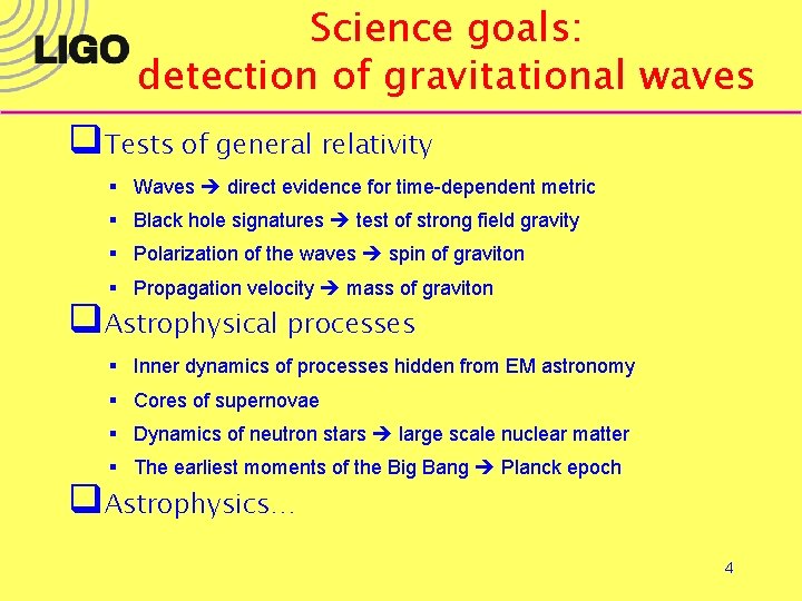 Science goals: detection of gravitational waves q. Tests of general relativity § Waves direct