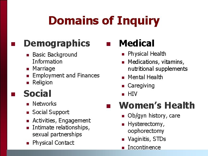 Domains of Inquiry Demographics Basic Background Information Marriage Employment and Finances Religion Social Networks